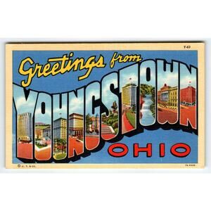 Greetings From Youngstown Ohio Large Big Letter Linen Postcard Curt Teich Unused